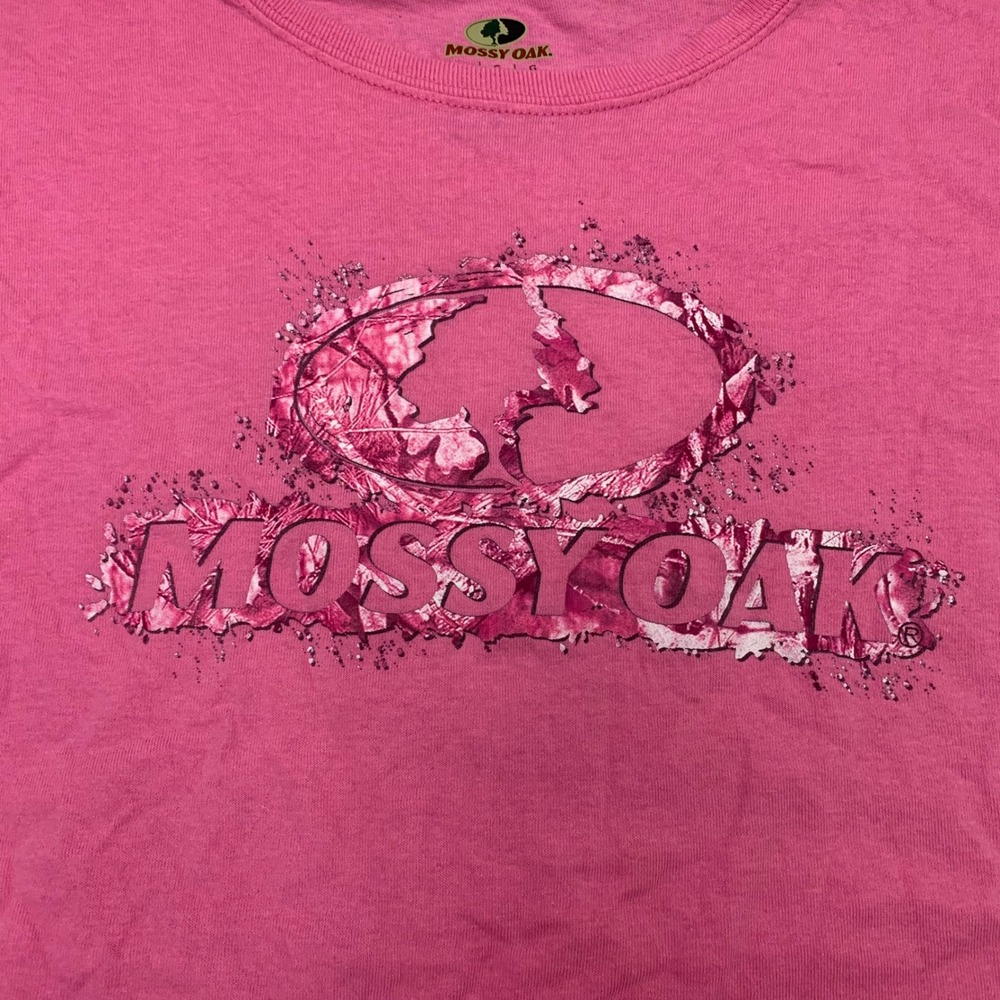 Mossy Oak Pink Camo Logo Graphic Tee Shirt Womens Large Short Sleeve Pink